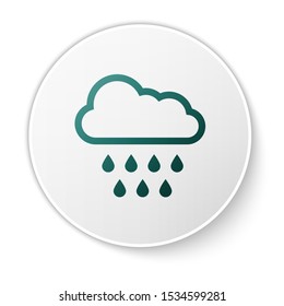 Green Cloud with rain icon isolated on white background. Rain cloud precipitation with rain drops. White circle button. Vector Illustration
