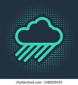 Green Cloud with rain icon isolated on blue background. Rain cloud precipitation with rain drops. Abstract circle random dots. Vector Illustration