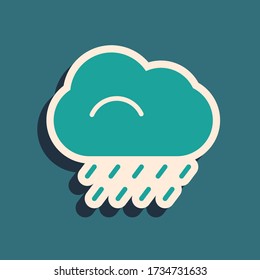 Green Cloud with rain icon isolated on green background. Rain cloud precipitation with rain drops. Long shadow style. Vector Illustration
