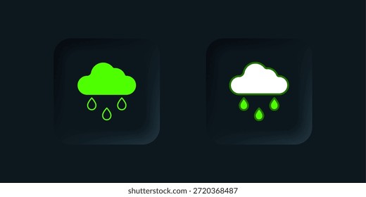 Green Cloud with rain icon isolated on black background. Rain cloud precipitation with rain drops. Black square button. Vector