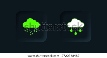 Green Cloud with rain icon isolated on black background. Rain cloud precipitation with rain drops. Black square button. Vector