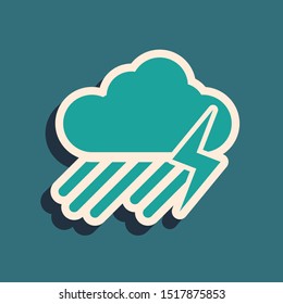 Green Cloud with rain and lightning icon isolated on blue background. Rain cloud precipitation with rain drops.Weather icon of storm. Long shadow style. Vector Illustration