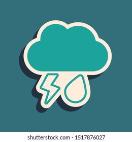 Green Cloud with rain and lightning icon isolated on blue background. Rain cloud precipitation with rain drops.Weather icon of storm. Long shadow style. Vector Illustration