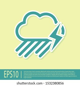 Green Cloud with rain and lightning icon isolated on yellow background. Rain cloud precipitation with rain drops.Weather icon of storm.  Vector Illustration