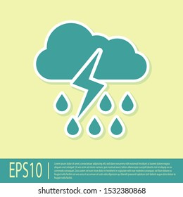 Green Cloud with rain and lightning icon isolated on yellow background. Rain cloud precipitation with rain drops.Weather icon of storm.  Vector Illustration