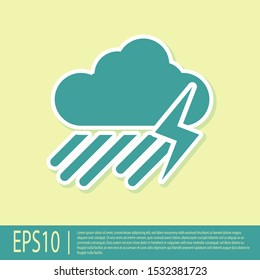 Green Cloud with rain and lightning icon isolated on yellow background. Rain cloud precipitation with rain drops.Weather icon of storm.  Vector Illustration