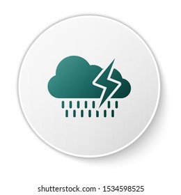 Green Cloud with rain and lightning icon isolated on white background. Rain cloud precipitation with rain drops.Weather icon of storm. White circle button. Vector Illustration
