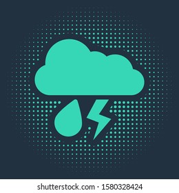 Green Cloud with rain and lightning icon isolated on blue background. Rain cloud precipitation with rain drops.Weather icon of storm. Abstract circle random dots. Vector Illustration
