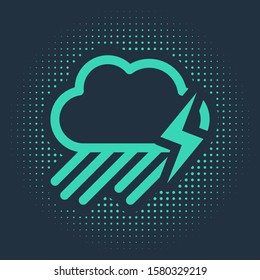 Green Cloud with rain and lightning icon isolated on blue background. Rain cloud precipitation with rain drops.Weather icon of storm. Abstract circle random dots. Vector Illustration