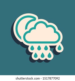 Green Cloud with rain and moon icon isolated on blue background. Rain cloud precipitation with rain drops. Long shadow style. Vector Illustration
