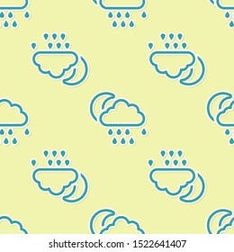 Green Cloud with rain and moon icon isolated seamless pattern on yellow background. Rain cloud precipitation with rain drops.  Vector Illustration