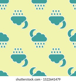 Green Cloud with rain and moon icon isolated seamless pattern on yellow background. Rain cloud precipitation with rain drops.  Vector Illustration