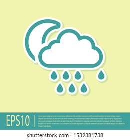 Green Cloud with rain and moon icon isolated on yellow background. Rain cloud precipitation with rain drops.  Vector Illustration