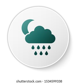 Green Cloud with rain and moon icon isolated on white background. Rain cloud precipitation with rain drops. White circle button. Vector Illustration