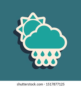 Green Cloud with rain and sun icon isolated on blue background. Rain cloud precipitation with rain drops. Long shadow style. Vector Illustration