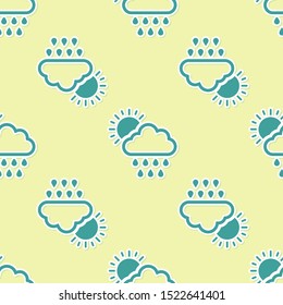 Green Cloud with rain and sun icon isolated seamless pattern on yellow background. Rain cloud precipitation with rain drops.  Vector Illustration