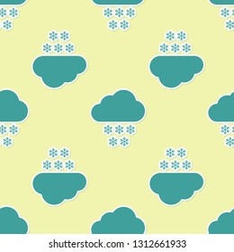 Green Cloud with snow icon isolated seamless pattern on yellow background. Cloud with snowflakes. Single weather icon. Snowing sign. Flat design. Vector Illustration