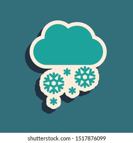 Green Cloud with snow icon isolated on blue background. Cloud with snowflakes. Single weather icon. Snowing sign. Long shadow style. Vector Illustration