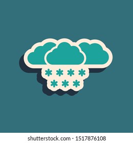Green Cloud with snow icon isolated on blue background. Cloud with snowflakes. Single weather icon. Snowing sign. Long shadow style. Vector Illustration