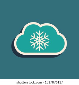Green Cloud with snow icon isolated on blue background. Cloud with snowflakes. Single weather icon. Snowing sign. Long shadow style. Vector Illustration