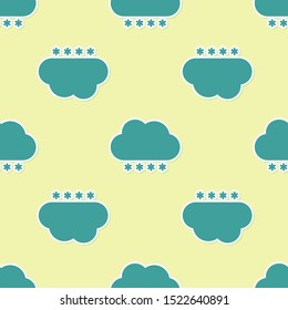 Green Cloud with snow icon isolated seamless pattern on yellow background. Cloud with snowflakes. Single weather icon. Snowing sign.  Vector Illustration