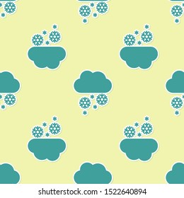 Green Cloud with snow icon isolated seamless pattern on yellow background. Cloud with snowflakes. Single weather icon. Snowing sign.  Vector Illustration