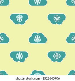 Green Cloud with snow icon isolated seamless pattern on yellow background. Cloud with snowflakes. Single weather icon. Snowing sign.  Vector Illustration