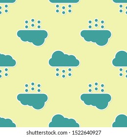 Green Cloud with snow icon isolated seamless pattern on yellow background. Cloud with snowflakes. Single weather icon. Snowing sign.  Vector Illustration