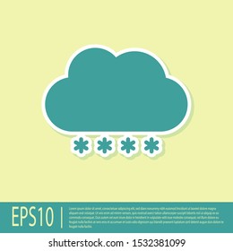 Green Cloud with snow icon isolated on yellow background. Cloud with snowflakes. Single weather icon. Snowing sign.  Vector Illustration