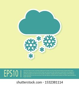 Green Cloud with snow icon isolated on yellow background. Cloud with snowflakes. Single weather icon. Snowing sign.  Vector Illustration