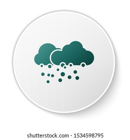 Green Cloud with snow icon isolated on white background. Cloud with snowflakes. Single weather icon. Snowing sign. White circle button. Vector Illustration