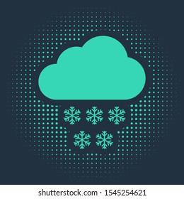 Green Cloud with snow icon isolated on blue background. Cloud with snowflakes. Single weather icon. Snowing sign. Abstract circle random dots. Vector Illustration