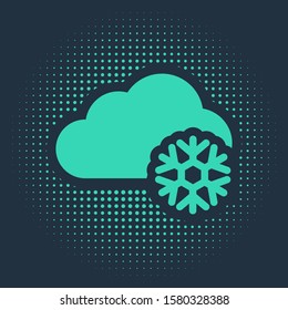 Green Cloud with snow icon isolated on blue background. Cloud with snowflakes. Single weather icon. Snowing sign. Abstract circle random dots. Vector Illustration