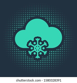 Green Cloud with snow icon isolated on blue background. Cloud with snowflakes. Single weather icon. Snowing sign. Abstract circle random dots. Vector Illustration