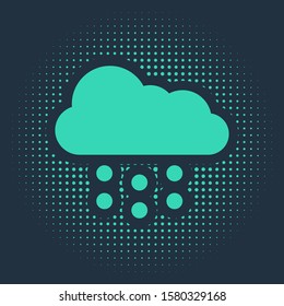 Green Cloud with snow icon isolated on blue background. Cloud with snowflakes. Single weather icon. Snowing sign. Abstract circle random dots. Vector Illustration