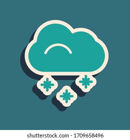 Green Cloud with snow icon isolated on green background. Cloud with snowflakes. Single weather icon. Snowing sign. Long shadow style. Vector Illustration