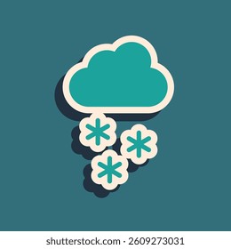 Green Cloud with snow icon isolated on green background. Cloud with snowflakes. Single weather icon. Snowing sign. Long shadow style. Vector