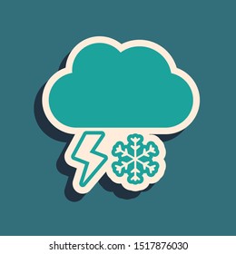 Green Cloud with snow and lightning icon isolated on blue background. Cloud with snowflakes. Single weather icon. Snowing sign. Long shadow style. Vector Illustration