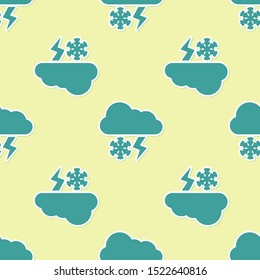 Green Cloud with snow and lightning icon isolated seamless pattern on yellow background. Cloud with snowflakes. Single weather icon. Snowing sign.  Vector Illustration