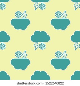 Green Cloud with snow and lightning icon isolated seamless pattern on yellow background. Cloud with snowflakes. Single weather icon. Snowing sign.  Vector Illustration