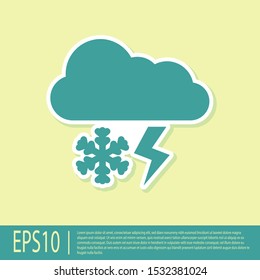 Green Cloud with snow and lightning icon isolated on yellow background. Cloud with snowflakes. Single weather icon. Snowing sign.  Vector Illustration