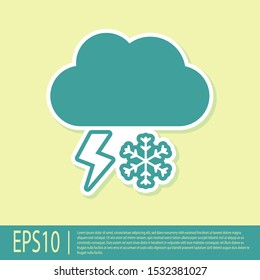 Green Cloud with snow and lightning icon isolated on yellow background. Cloud with snowflakes. Single weather icon. Snowing sign.  Vector Illustration