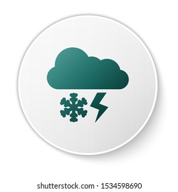 Green Cloud with snow and lightning icon isolated on white background. Cloud with snowflakes. Single weather icon. Snowing sign. White circle button. Vector Illustration