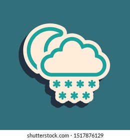Green Cloud with snow and moon icon isolated on blue background. Cloud with snowflakes. Single weather icon. Snowing sign. Long shadow style. Vector Illustration
