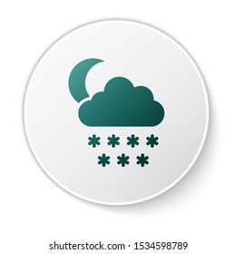 Green Cloud with snow and moon icon isolated on white background. Cloud with snowflakes. Single weather icon. Snowing sign. White circle button. Vector Illustration
