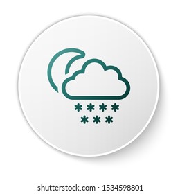 Green Cloud with snow and moon icon isolated on white background. Cloud with snowflakes. Single weather icon. Snowing sign. White circle button. Vector Illustration