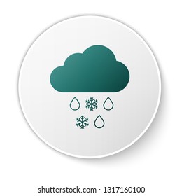 Green Cloud with snow and rain icon isolated on white background. Weather icon. Green circle button. Vector Illustration
