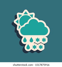 Green Cloud with snow and rain icon isolated on blue background. Weather icon. Long shadow style. Vector Illustration