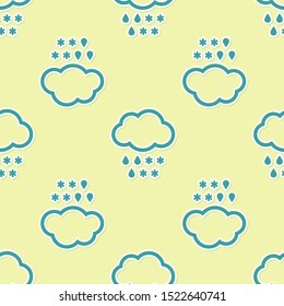 Green Cloud with snow and rain icon isolated seamless pattern on yellow background. Weather icon.  Vector Illustration