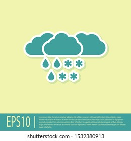 Green Cloud with snow and rain icon isolated on yellow background. Weather icon.  Vector Illustration
